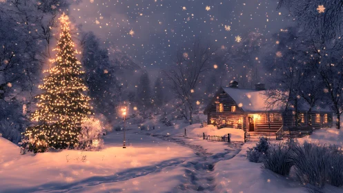 Snowlit cabin quietly hums beneath a glittering winter tree