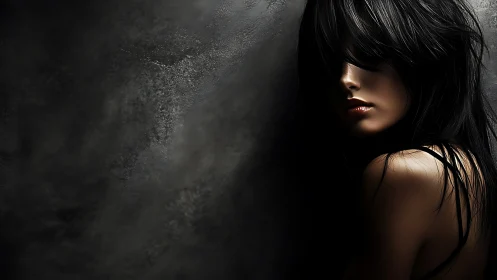 Oblique portrait of shadowed woman against textured wall.