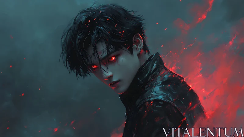 Dark-haired figure with red glowing eyes in smoky embers.