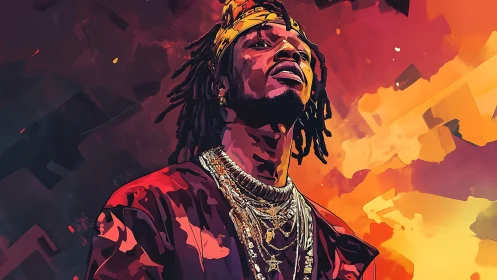 Stylized hip hop portrait glows in bold red and gold light