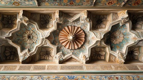 Intricate Islamic ceiling with floral star relief patterns