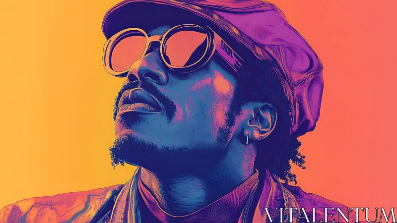 Stylized portrait shows man in sunglasses against neon gradient
