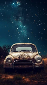 Rustic vintage car under star-dense celestial night sky.