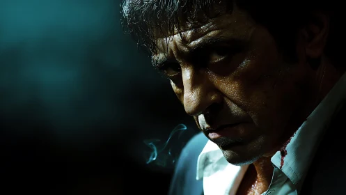 Brooding man in smoky low light radiates tense intensity