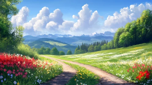 Sunlit meadow path strolling toward whispering blue mountains.