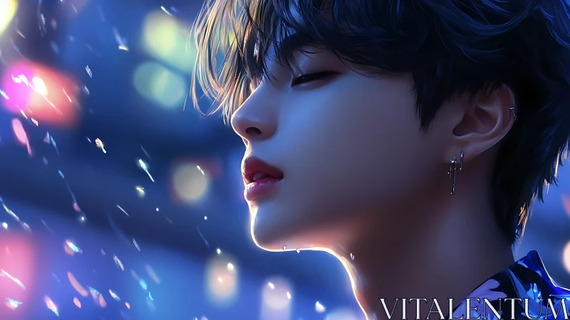 Side profile portrait depicts person in rain with city lights