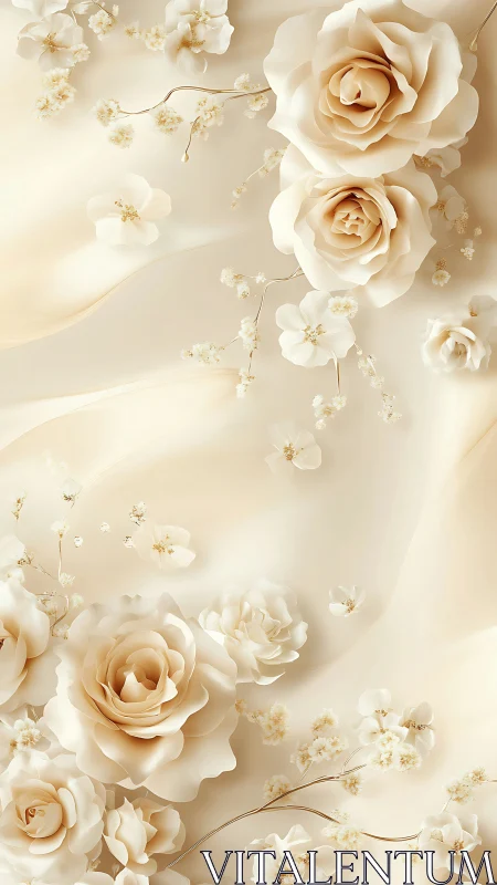 Cream-Toned Roses with Gypsophila Arrangement Against Neutral Backdrop.