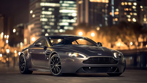 Midnight supercar prowls beneath a blur of city starlight