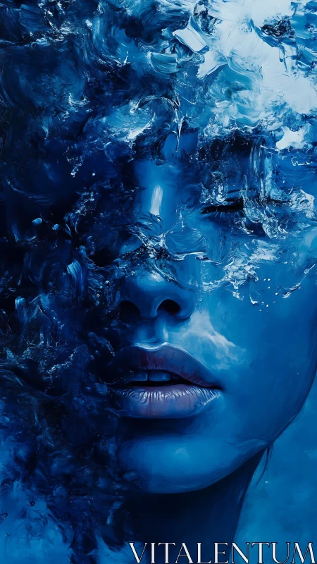 Fluid blue portrait merges female face with abstract oceanic flow