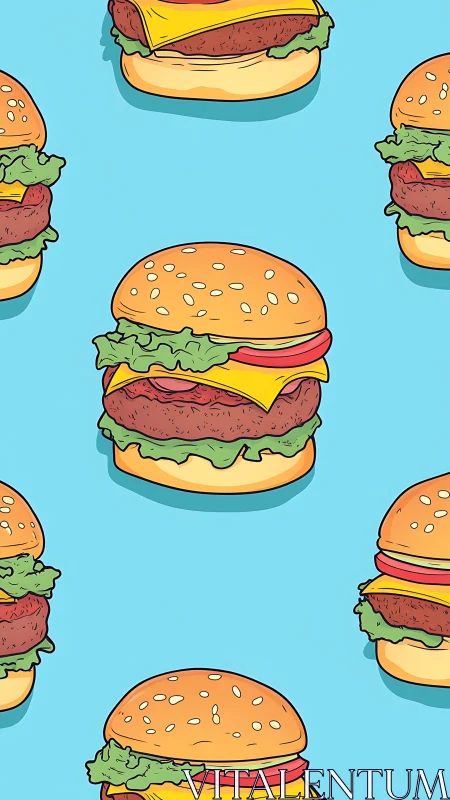 Pop art burger pattern on cyan ground with bold outlines.