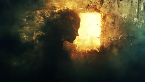 Silhouette dissolves into golden smoke before bright window