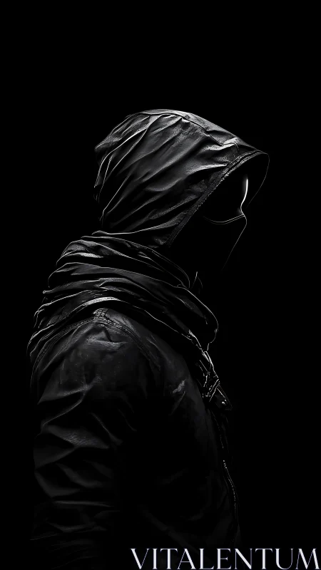 Side-profile hooded figure rendered with high contrast specular highlights