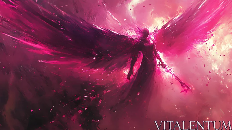 Celestial war angel ignites sky with flaming magenta wings.
