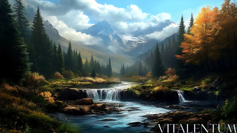 River lullaby beneath storm-brushed alpine guardians.