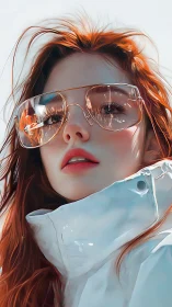 Red-haired subject in reflective glasses and white jacket.