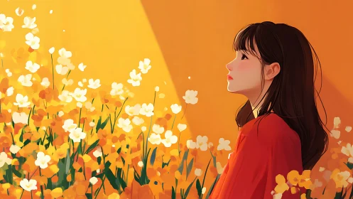 Girl in red side profile against bright yellow flowers.