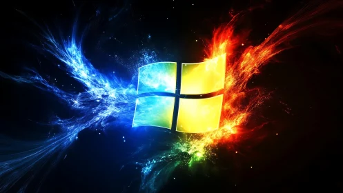 Windows logo erupts through cosmic blue and red energy