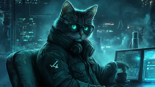 Midnight data heist unfolds beneath a neon‑lit feline gaze