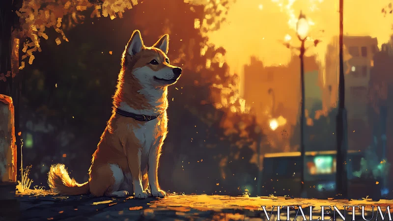 Golden-hour city sentinel dog basking in embered dusk glow.