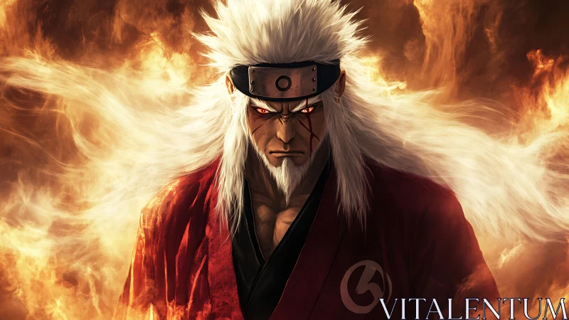 White haired warrior in red robe stands amid surrounding flames