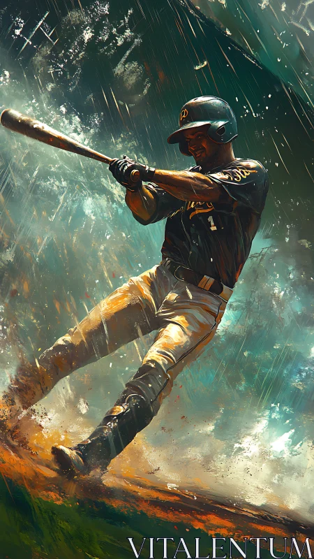 Baseball player swings bat in dynamic rain soaked action.