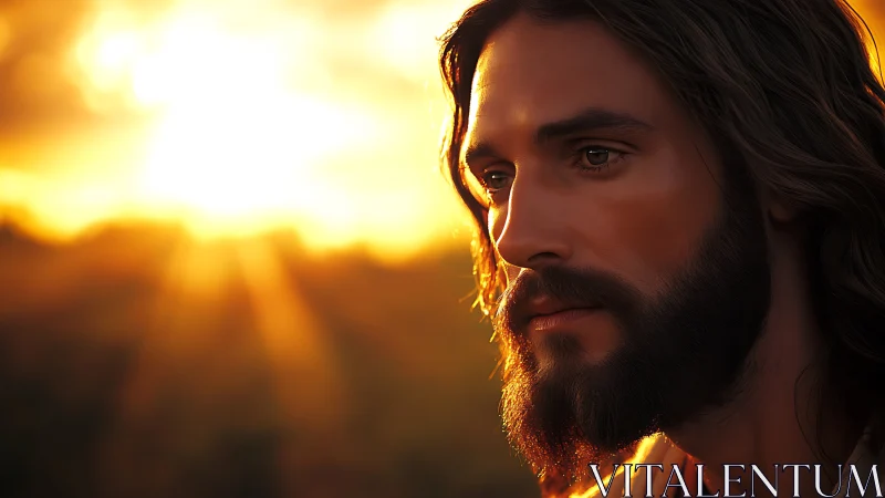 Sunlit prophet in quiet reverie before a burning horizon.