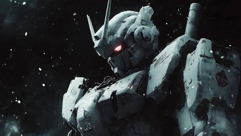 Armored combat mecha in storm-lit cinematic close-up profile.