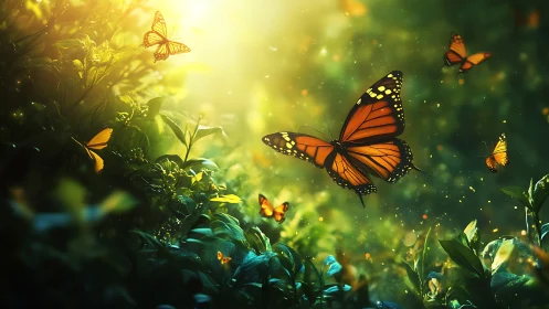 Monarch butterflies drift through glowing forest light