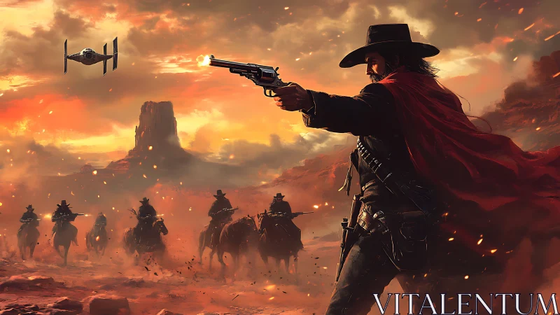 Gunslinger confronting sci‑fi aircraft in desert canyon scene.