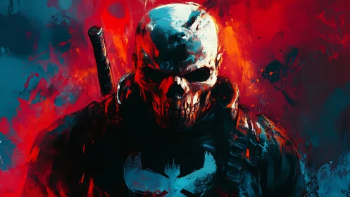 Skull-masked vigilante stands in blazing red-blue inferno