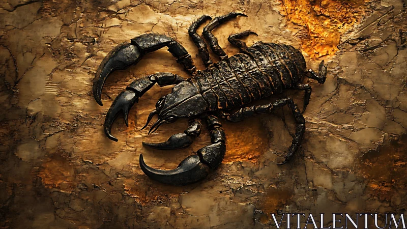 Bronze desert scorpion poised on cracked molten earth.