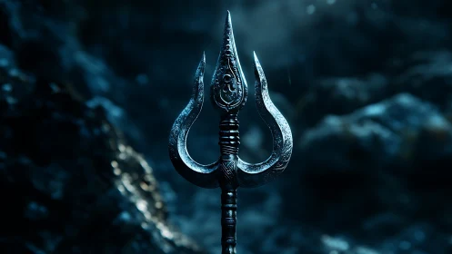 Engraved trident spearhead in cinematic low-key aqua lighting.