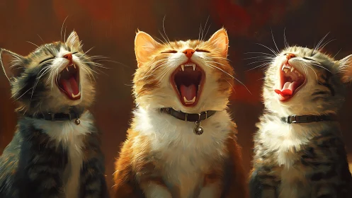 Three Yawning Cats with Fangs in Warm Golden Light.
