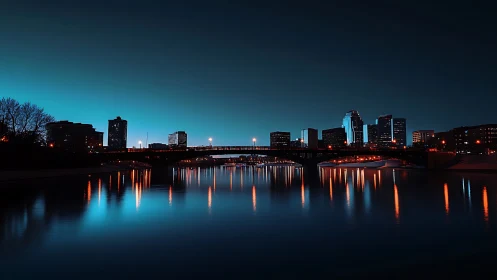 City skyline glows above a calm river under deep blue night