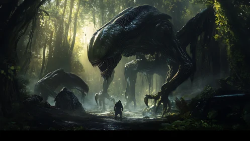 Concept art of alien predators confronting explorer in jungle.