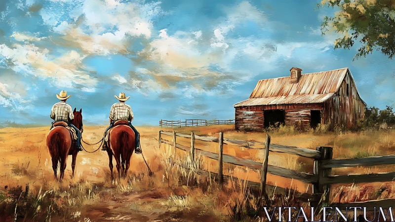 Cowboys ride past rustic barn under sweeping prairie sky.