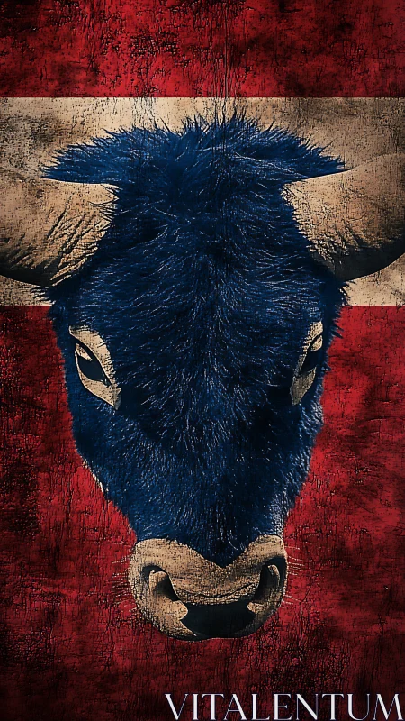 Textured blue bull head on distressed red striped backdrop