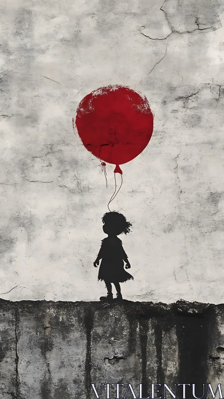Silhouette child beneath distressed red balloon on aged wall