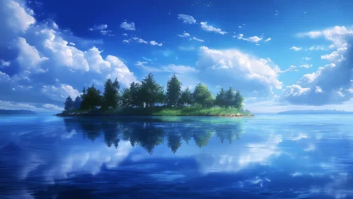 Tranquil Island Sanctuary: Mirror Reflection in Deep Blue Waters.