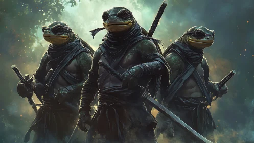 Armored frog ninjas with katanas in misty forest scene.
