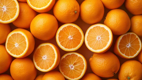 Juicy orange halves and whole fruit form vibrant pattern.