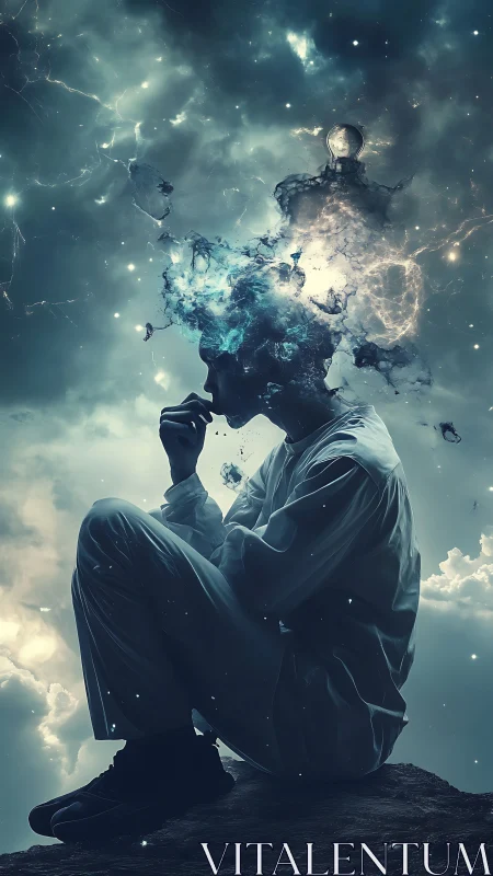 Nebular cognition: silhouetted thinker with erupting astral mind.