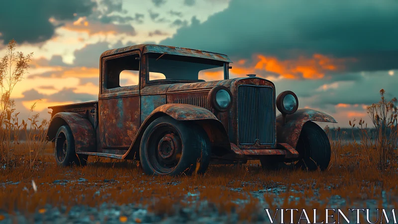 Rusty vintage pickup truck in open field at sunset.