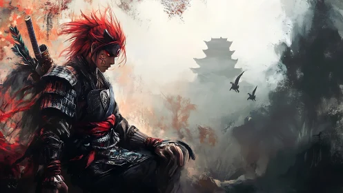 Armored red haired warrior studies mist veiled pagoda skyline