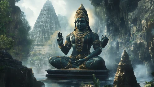 Colossal seated deity dominates mist-laden rock temple valley