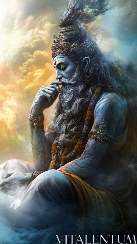 Divine blue sage in celestial meditation above clouds.
