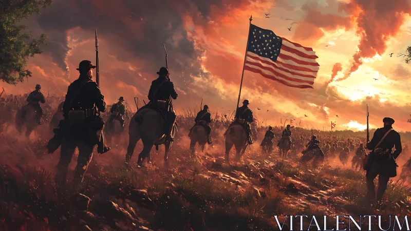 Union cavalry column advances under large US flag at dusk