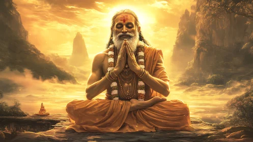 Elderly robed figure meditating before luminous landscape.