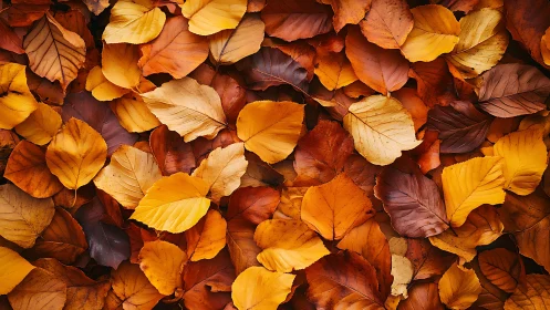 Cozy carpet of golden autumn leaves in warm earthy tones.