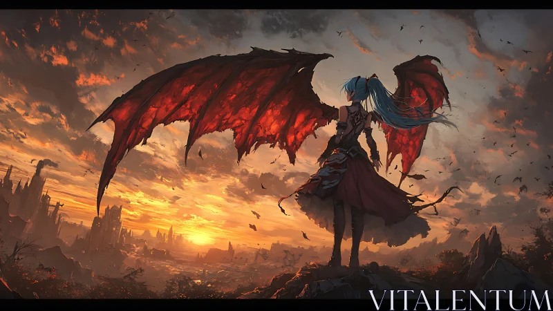Winged humanoid figure observing ruined city at sunset.